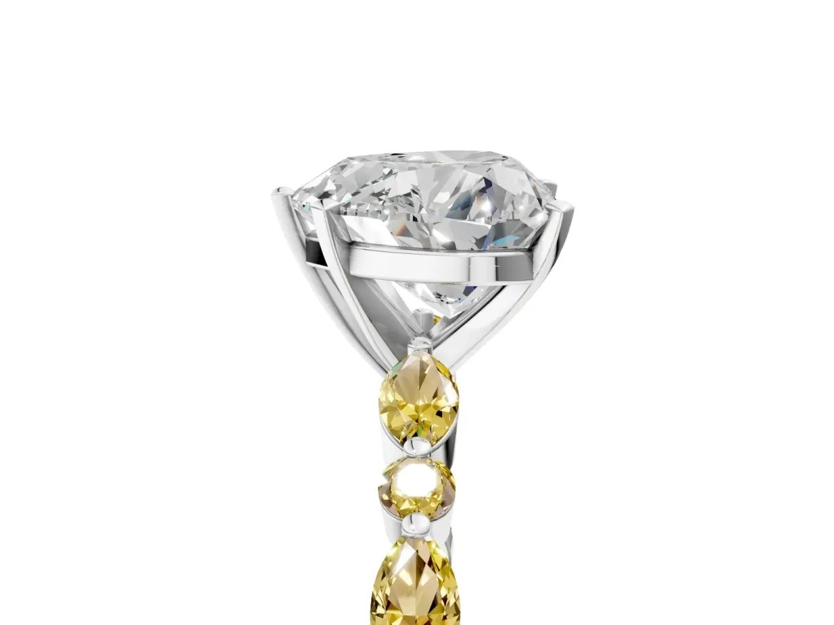 Heart Cut Diamond Ring with Marquise and Round Yellow Sapphire Side Stones and Four-Prong Setting Silver