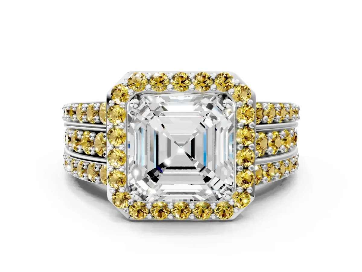 Asscher Cut Halo Diamond Ring with Round Yellow Sapphire Split Shank and Prong Setting Silver