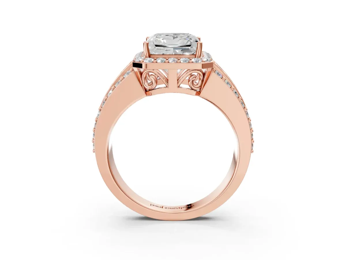 Princess Cut Halo Diamond Ring with Round Split Shank and Prong Setting Rose gold