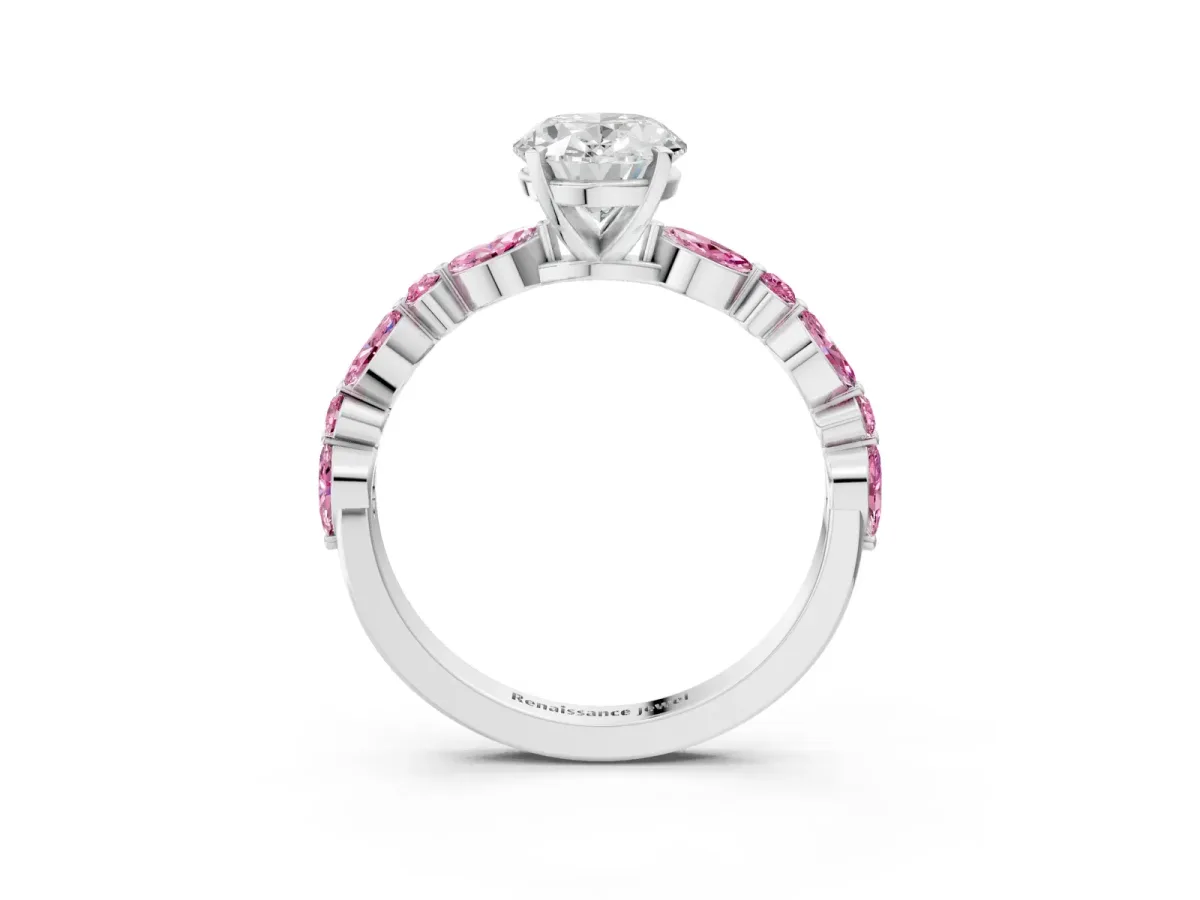 Oval Cut Diamond Ring with Marquise and Round Pink Sapphire Side Stones and Four-Prong Setting Silver