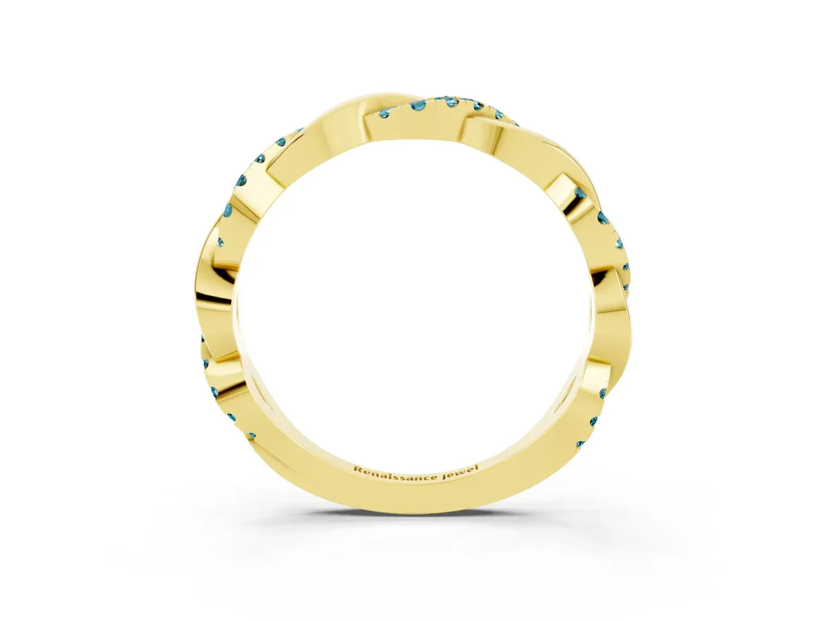 Round Blue Topaz Twist Eternity Band with Pavé Setting Yellow gold