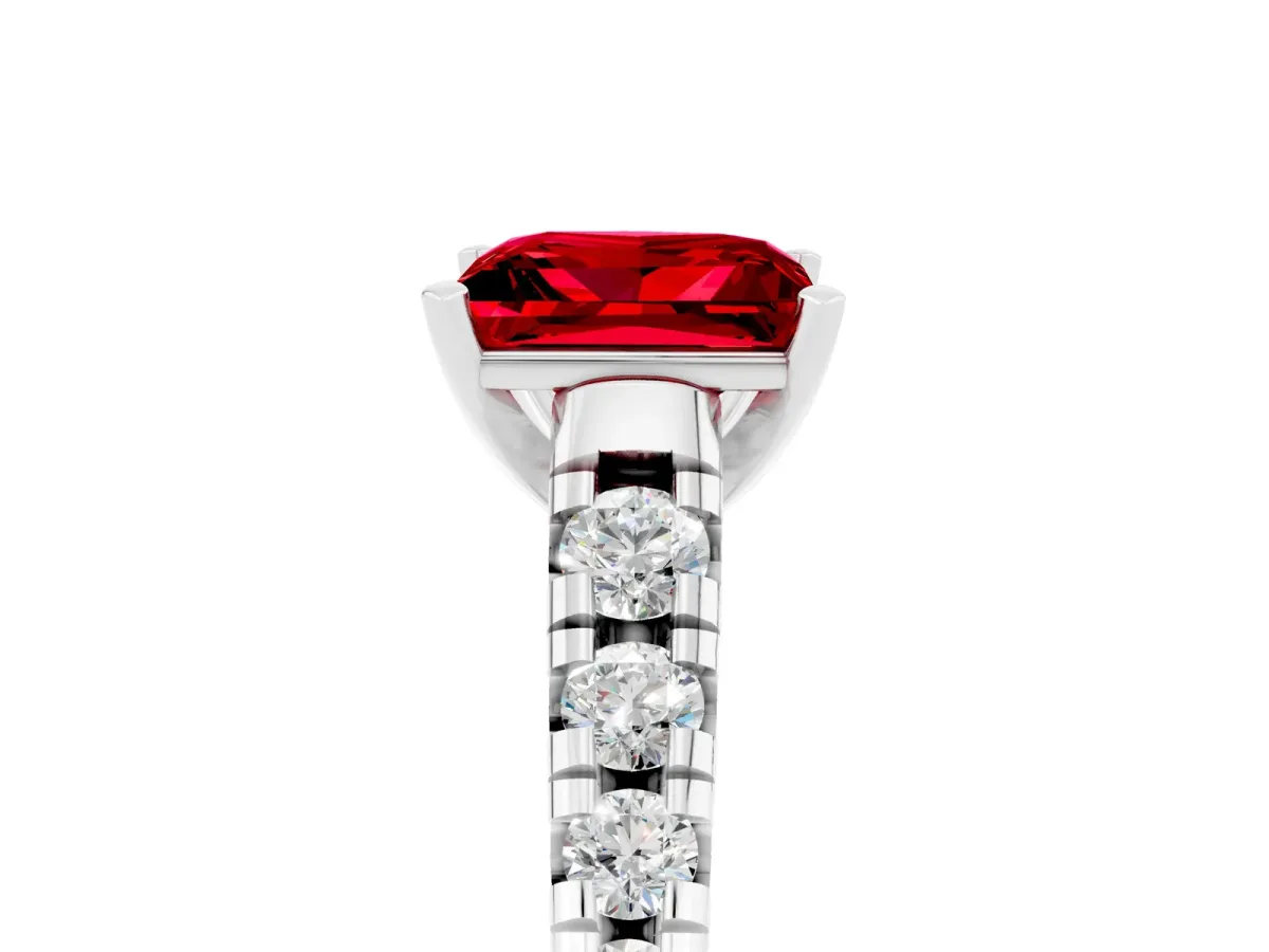 Princess Cut Ruby Cathedral Solitaire Ring with Round Pavé Band White gold