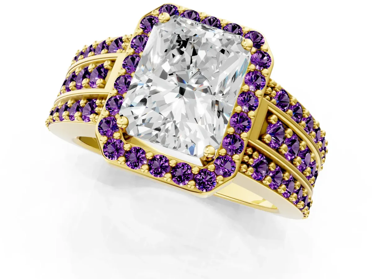 Radiant Cut Halo Diamond Ring with Round Amethyst Split Shank and Prong Setting Yellow gold