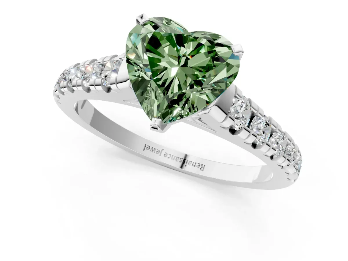 Fancy Green Heart Cut Diamond Cathedral Solitaire Ring with Round Pavé Band Silver