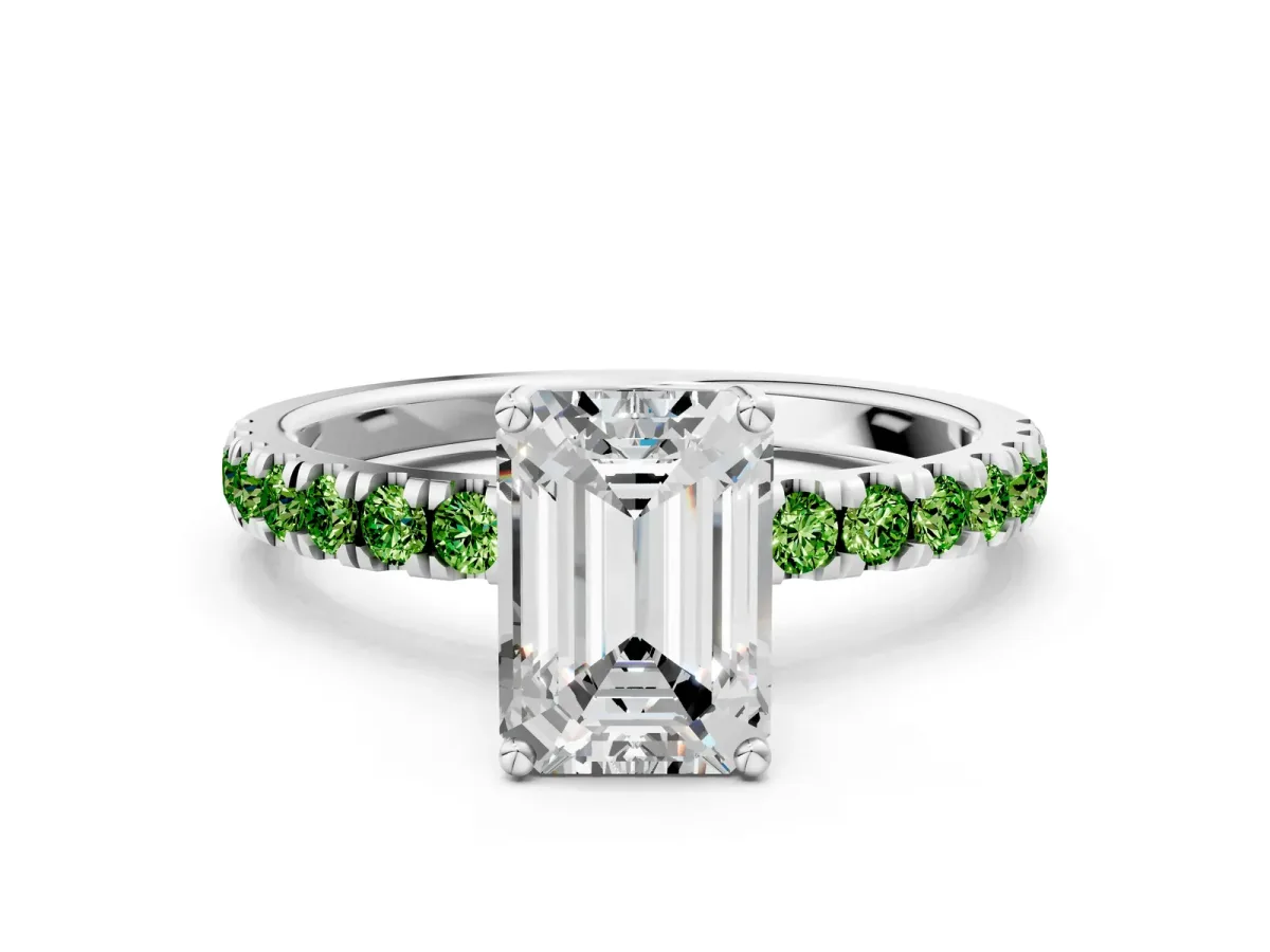 Emerald Cut Diamond Pave Band Solitaire Ring with Round Peridot and Prong Setting Platinum