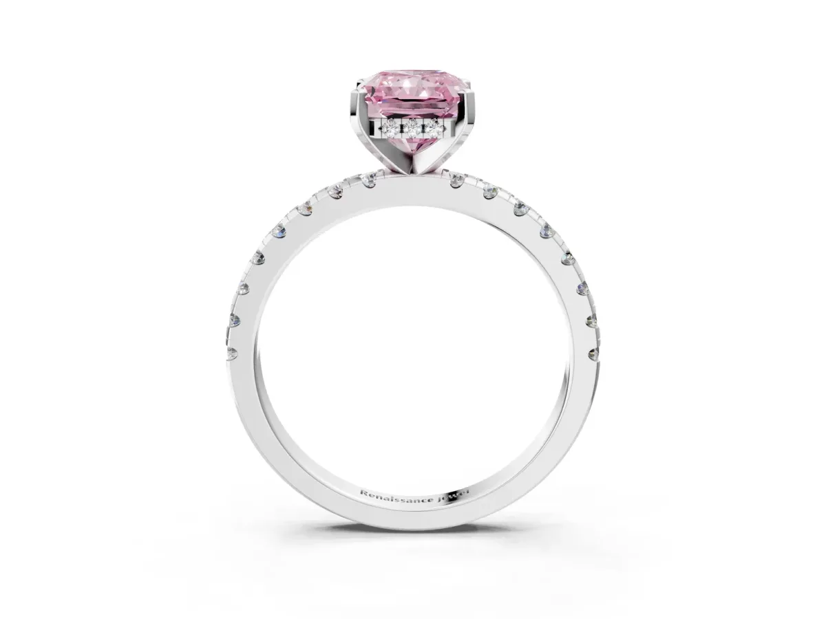 Fancy Pink Radiant Cut Diamond Solitaire Ring with Round Pavé Band and Four-Prong Setting Platinum
