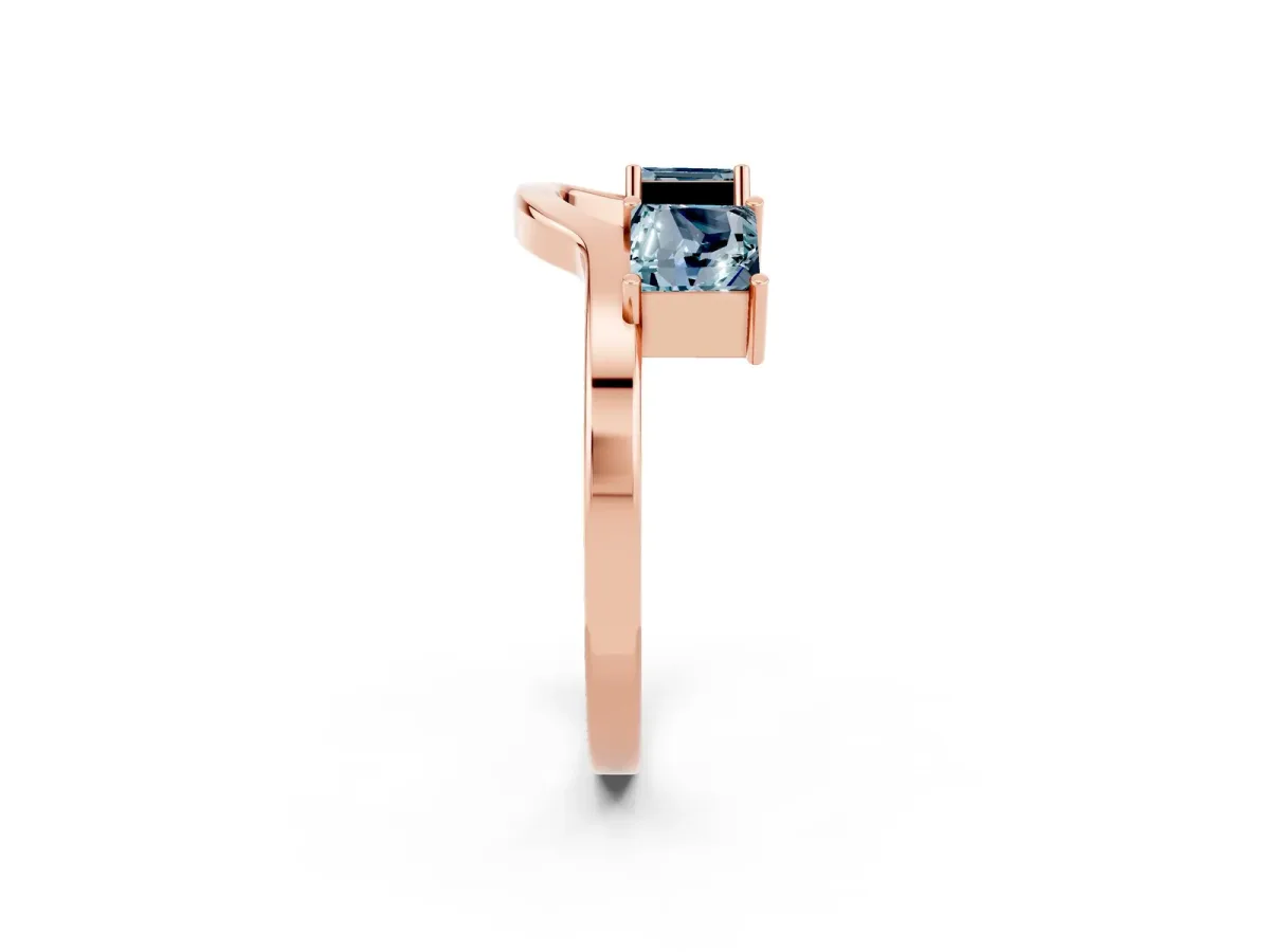Princess Cut Aquamarine Two-Stone Open Band Ring with Four-Prong Setting Rose gold