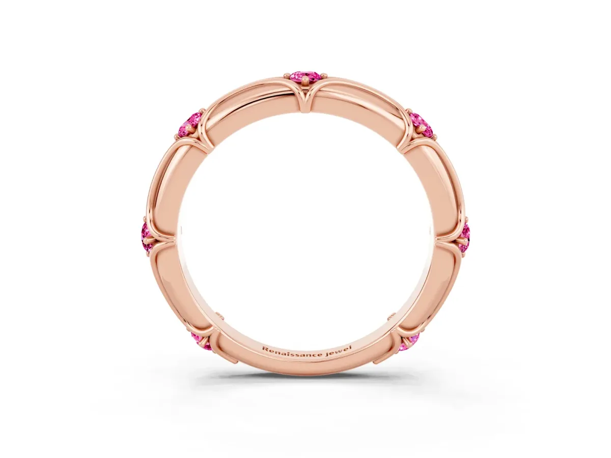 Round Pink Sapphire Prong Set Milgrain Eternity Band Rose gold