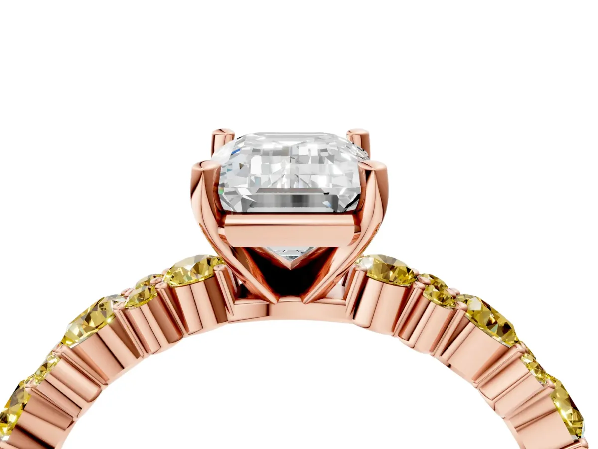 Emerald Cut Diamond Side Stone Solitaire Ring with Round Yellow Sapphire and Four-Prong Setting Rose gold