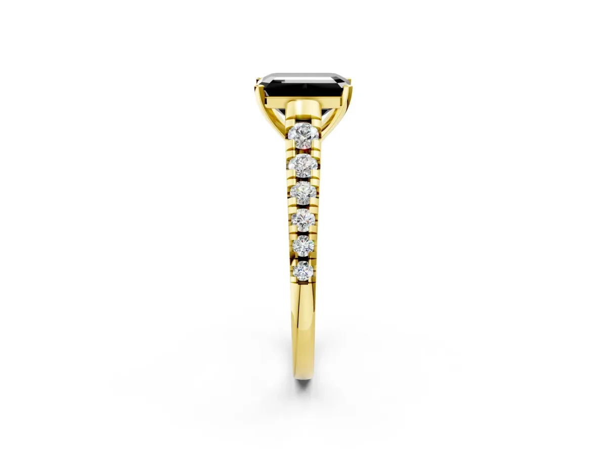 Fancy Black Emerald Cut Diamond Cathedral Solitaire Ring with Round Pavé Band Yellow gold