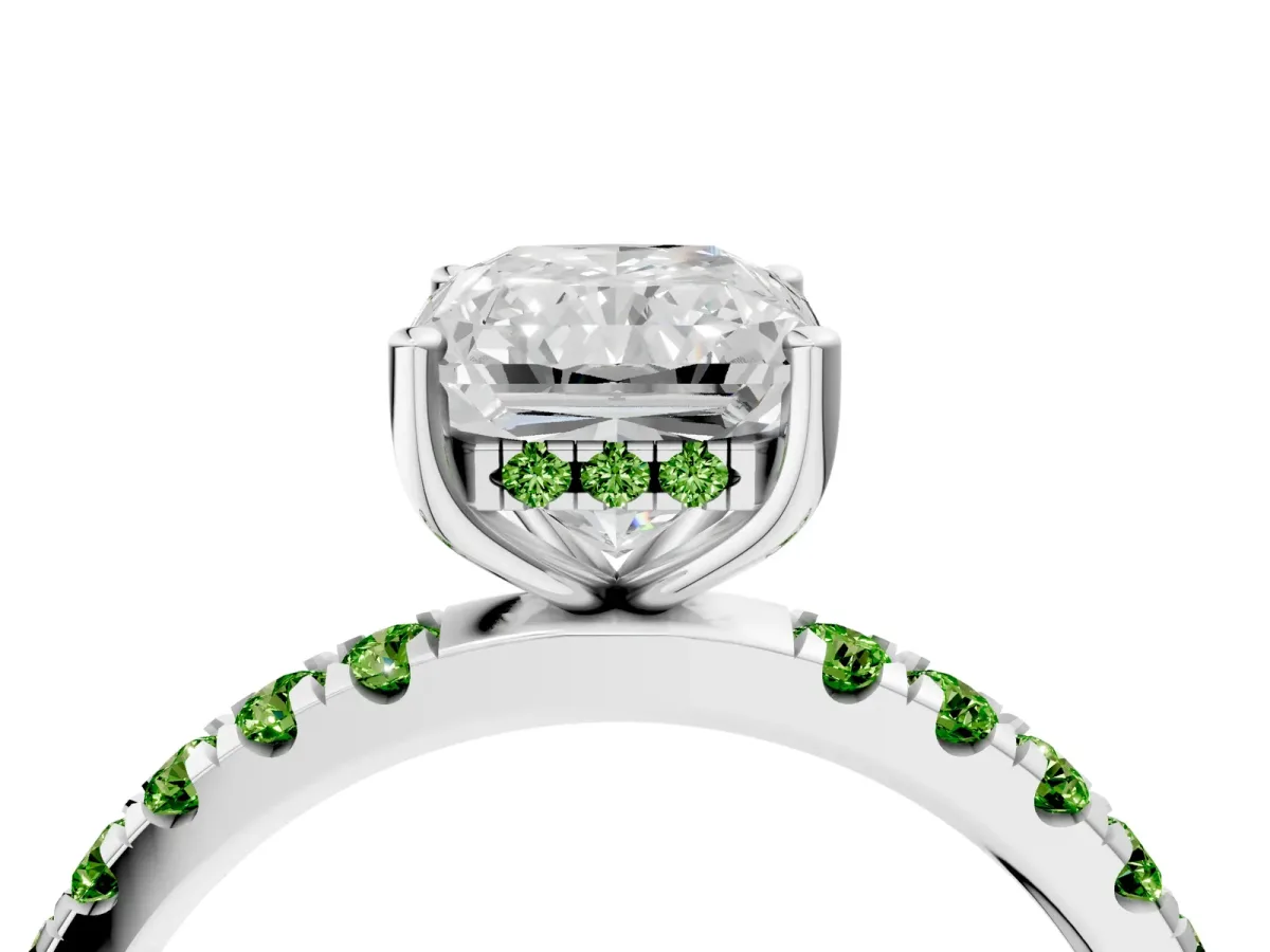 Radiant Cut Diamond Pave Band Solitaire Ring with Round Peridot and Prong Setting Silver
