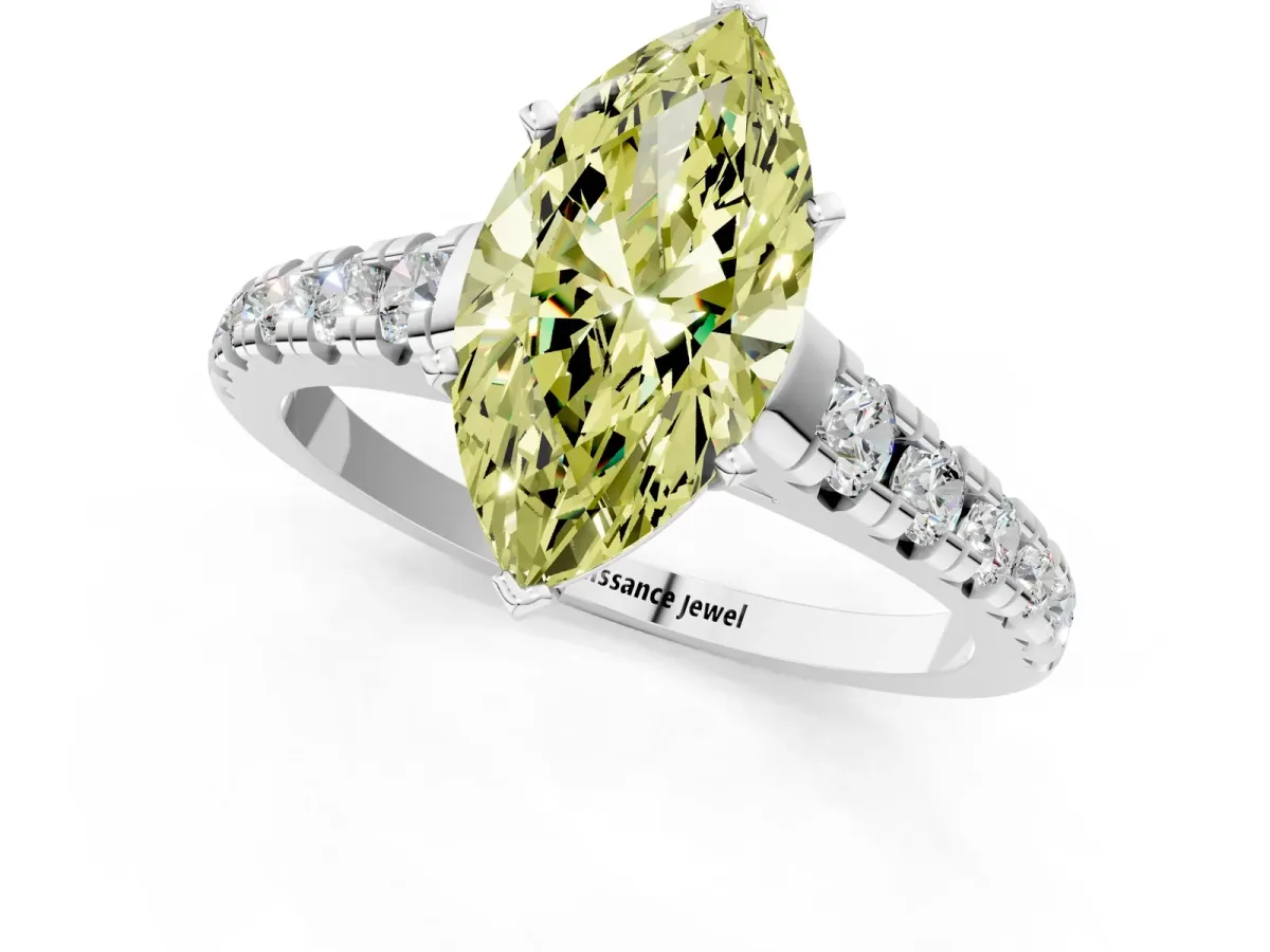 Fancy Yellow Marquise Cut Diamond Cathedral Solitaire Ring with Round Pavé Band Platinum