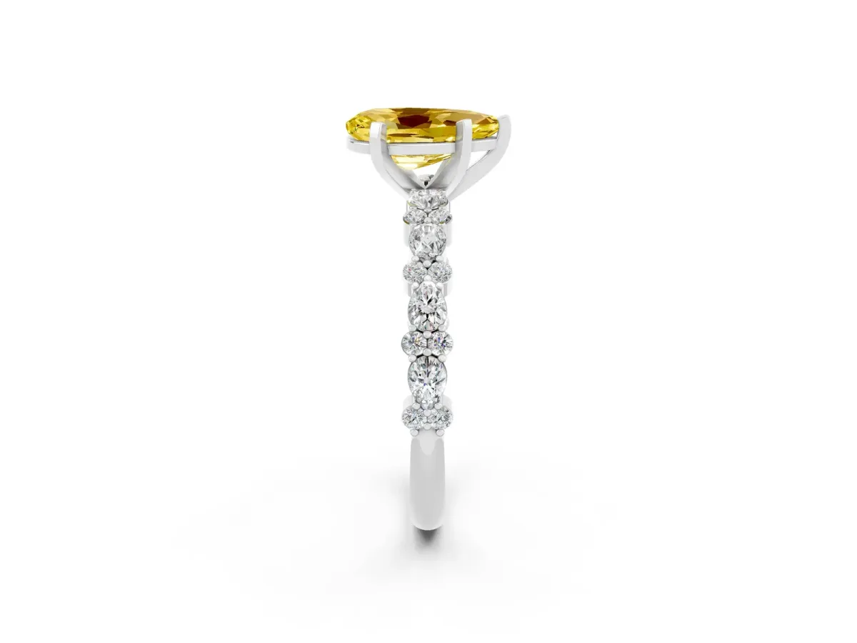 Pear Cut Yellow Sapphire Side Stone Solitaire Ring with Round and Four-Prong Setting Platinum
