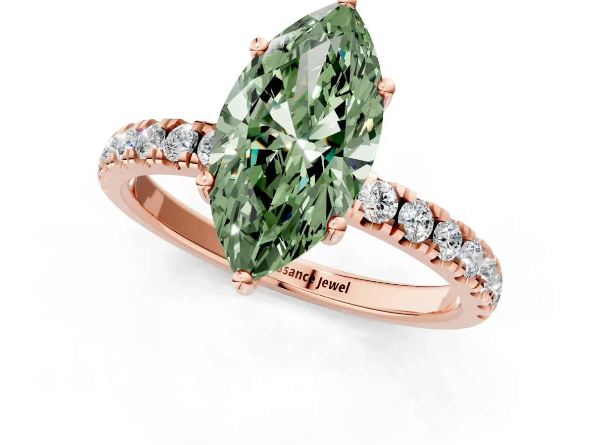 Fancy Green Marquise Cut Diamond Pave Band Solitaire Ring with Round and Prong Setting Rose gold