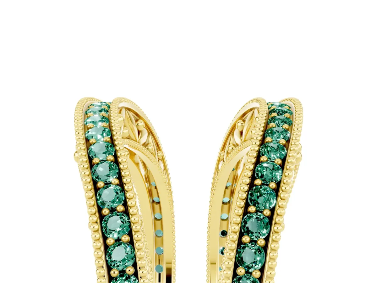 Round Green Sapphire Milgrain Eternity Band with Channel Setting Yellow gold