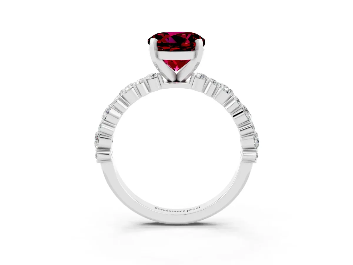 Round Cut Garnet Side Stone Solitaire Ring with Round and Four-Prong Setting Silver