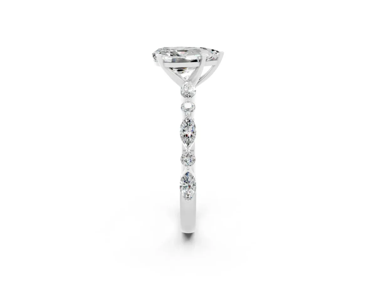 Pear Cut Moissanite Ring with Marquise and Round Side Stones and Four-Prong Setting Platinum