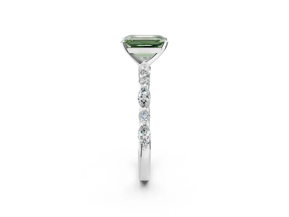 Fancy Green Emerald Cut Diamond Ring with Marquise and Round Side Stones and Four-Prong Setting Silver
