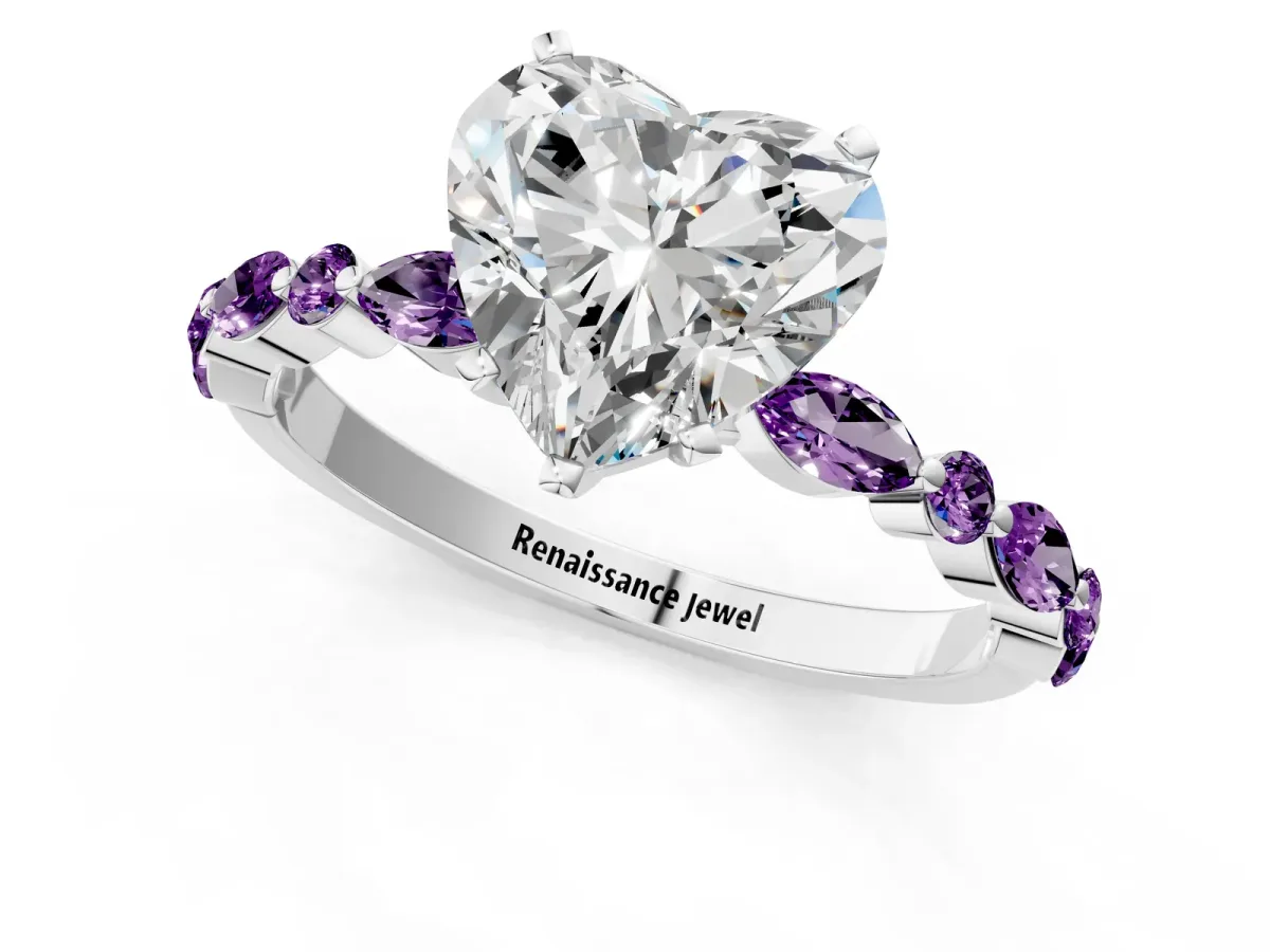Heart Cut Diamond Ring with Marquise and Round Amethyst Side Stones and Four-Prong Setting Silver