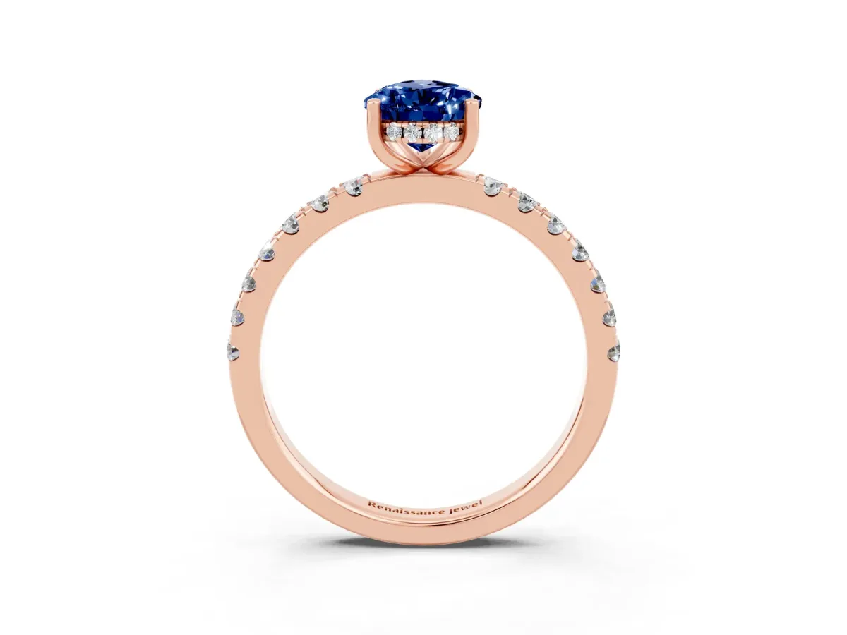 Pear Cut Blue Sapphire Pave Band Solitaire Ring with Round and Prong Setting Rose gold