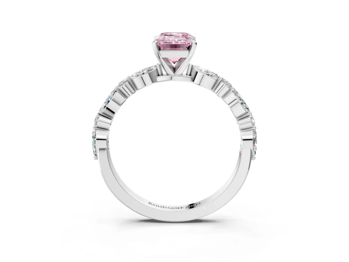 Fancy Pink Emerald Cut Diamond Ring with Marquise and Round Side Stones and Four-Prong Setting White gold