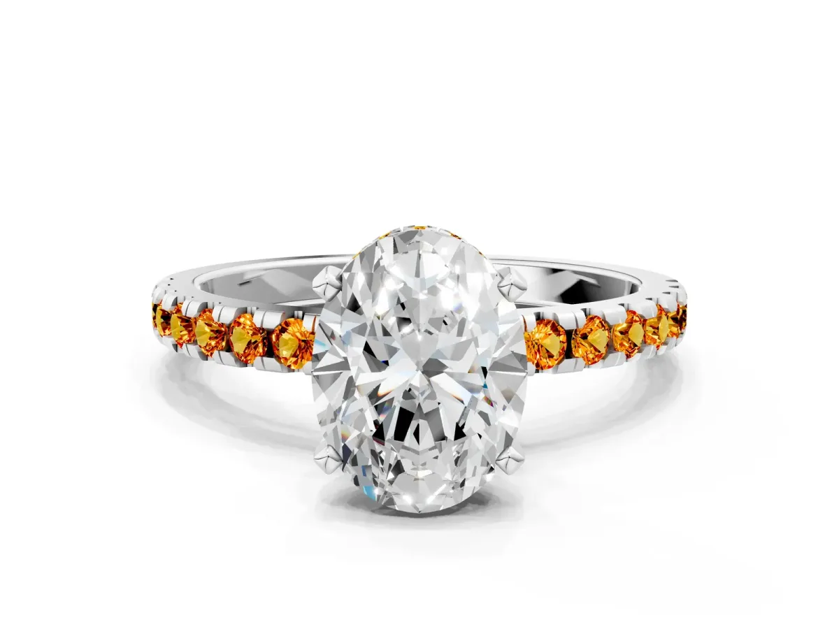 Oval Cut Diamond Solitaire Ring with Round Citrine Pavé Band and Four-Prong Setting Silver