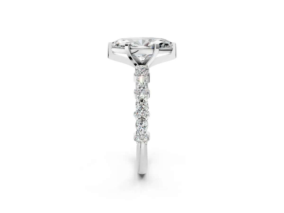 Marquise Cut Diamond Side Stone Solitaire Ring with Round and Four-Prong Setting Platinum