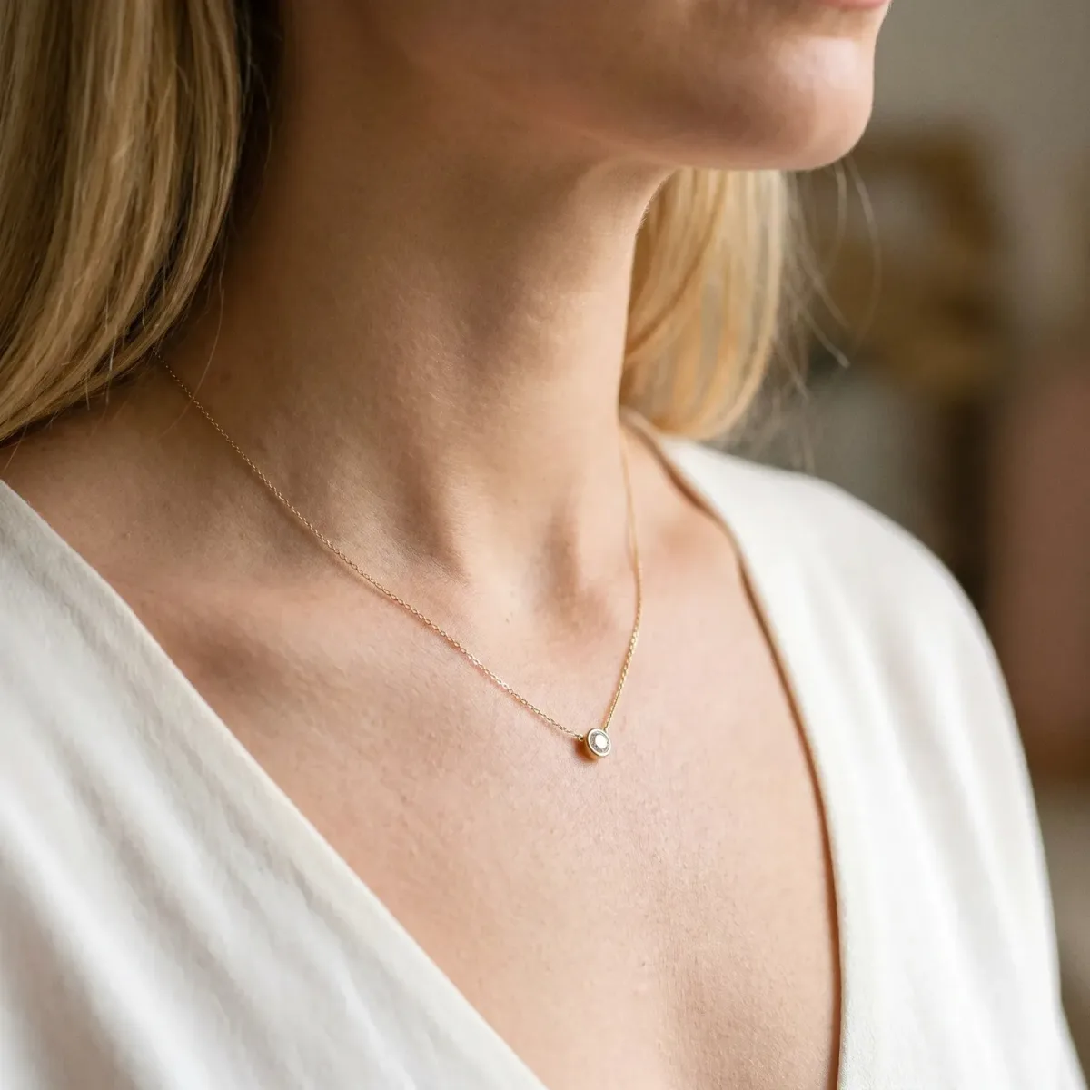 Bezel-Set Round Diamond Solitaire Chain Necklace Yellow gold
