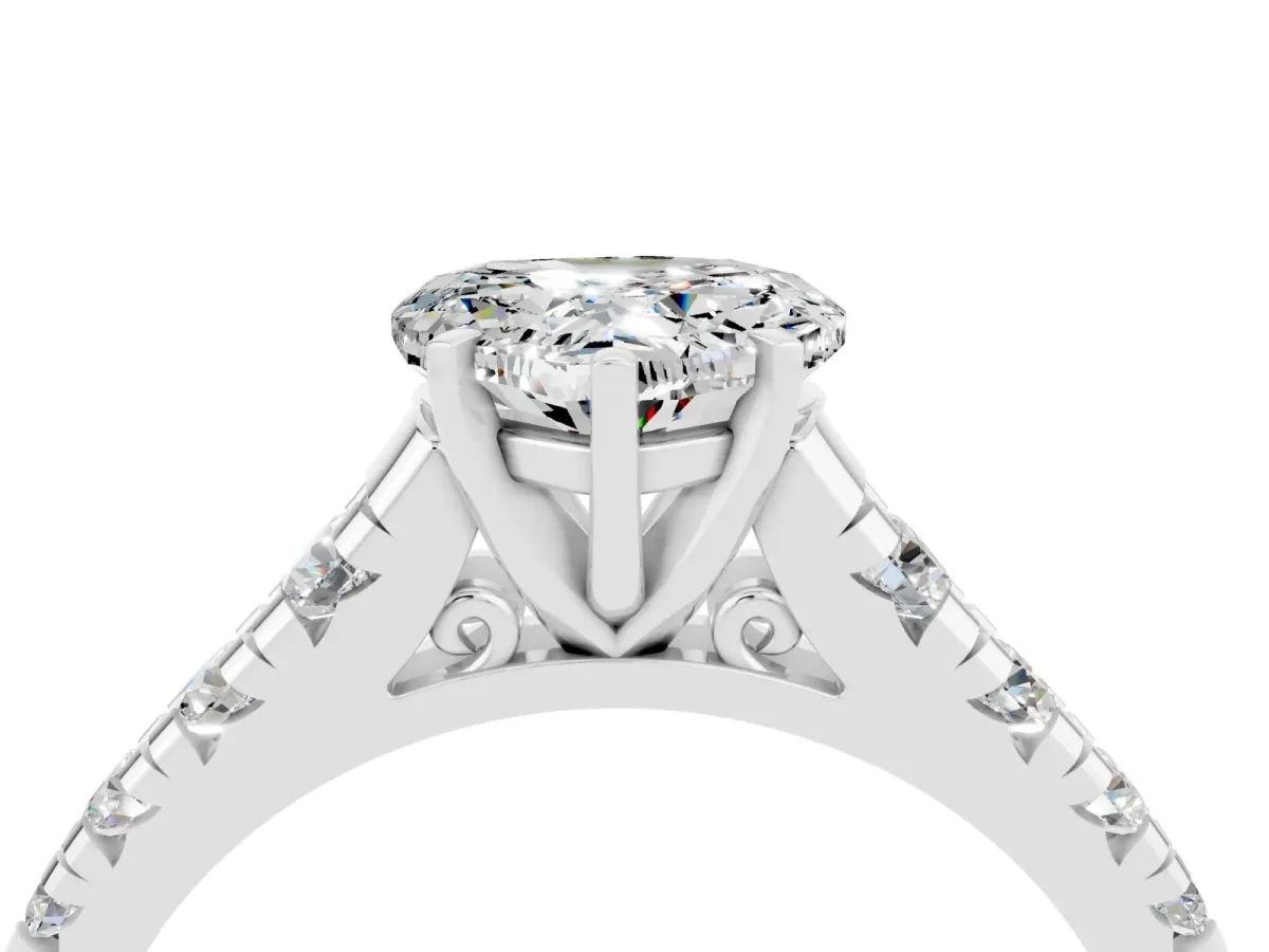 Heart Cut Moissanite Cathedral Solitaire Ring with Round Pavé Band Platinum