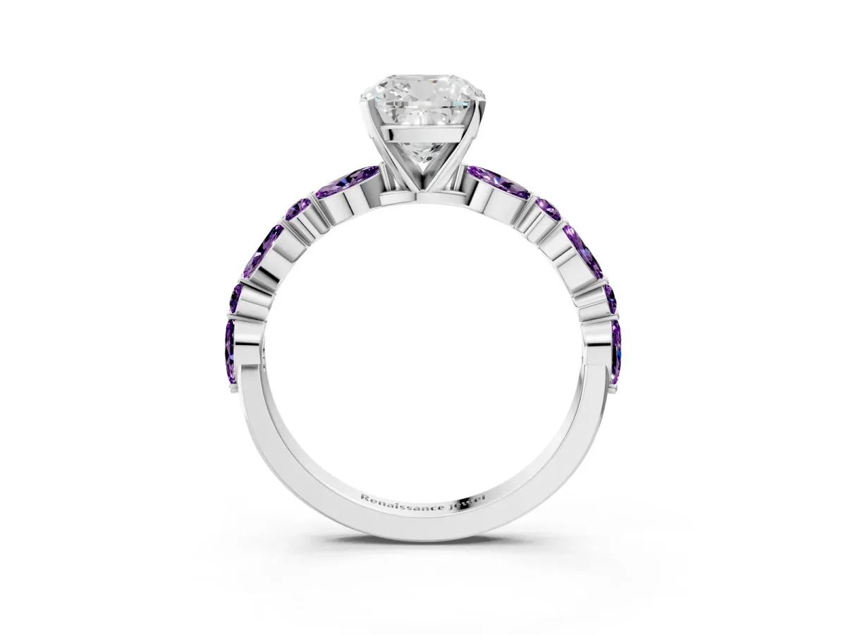 Cushion Cut Diamond Ring with Marquise and Round Amethyst Side Stones and Four-Prong Setting Platinum