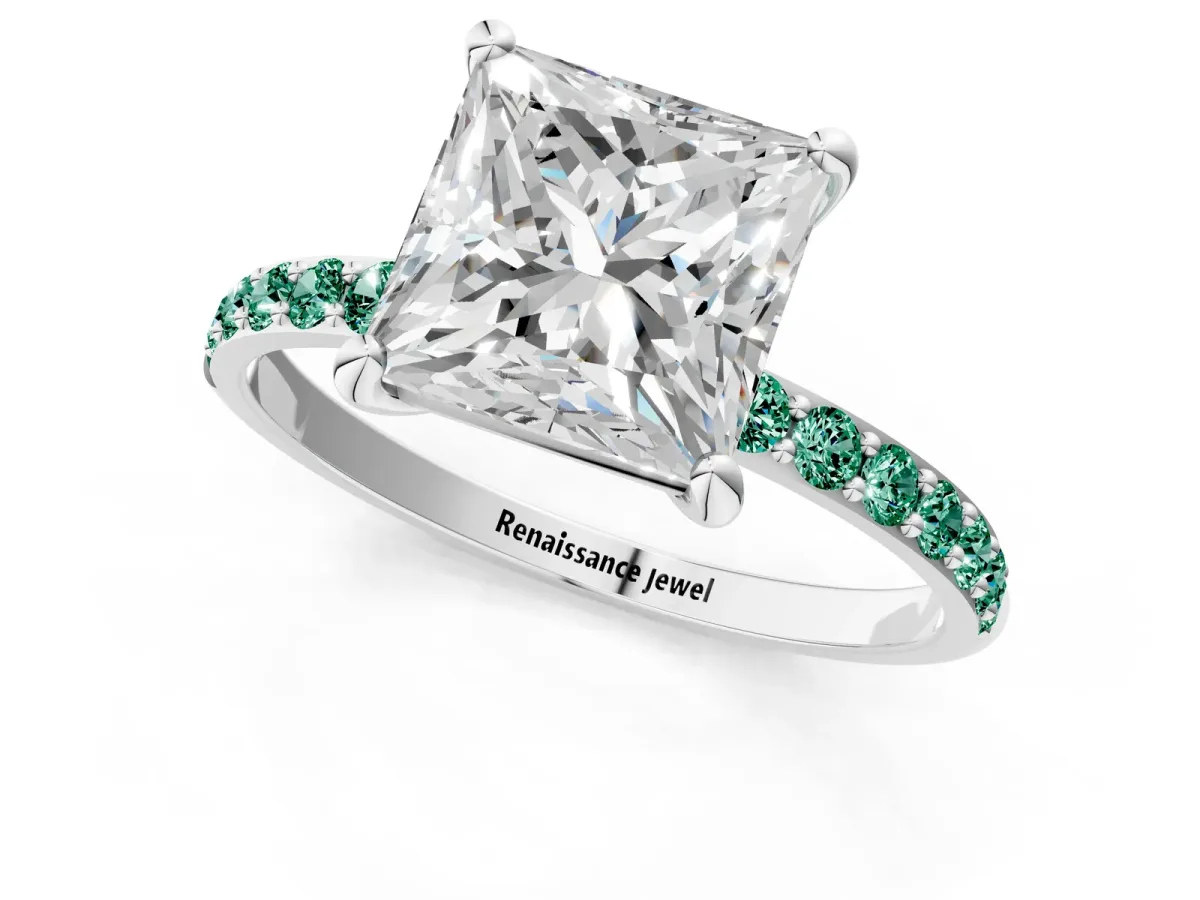 Princess Cut Diamond Solitaire Ring with Round Green Sapphire Pavé Band and Prong Setting Silver