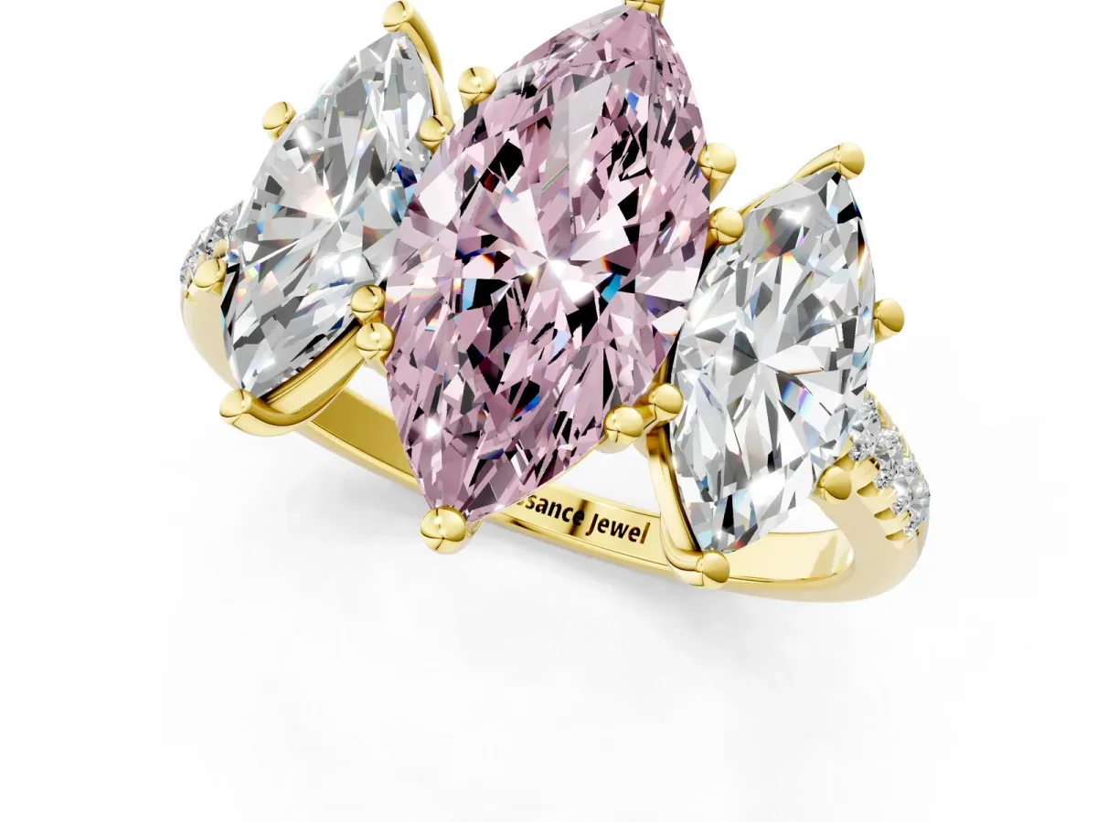 Fancy Pink Three-Stone Marquise Cut Diamond Ring with Round Pavé Band and Prong Setting Yellow gold