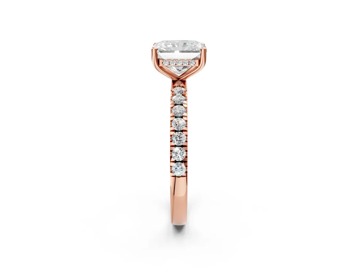Radiant Cut Diamond Pave Band Solitaire Ring with Round and Prong Setting Rose gold