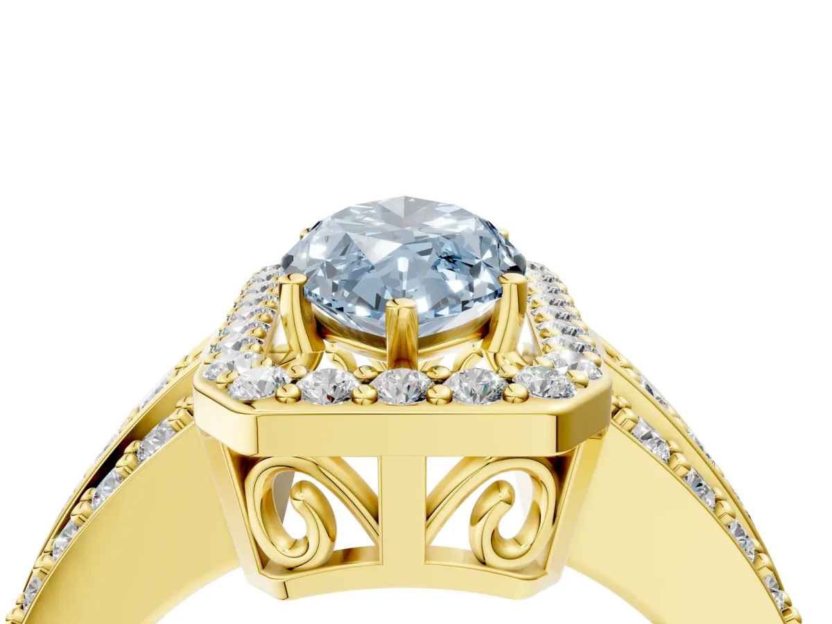 Fancy Blue Marquise Cut Halo Diamond Ring with Round Split Shank and Prong Setting Yellow gold