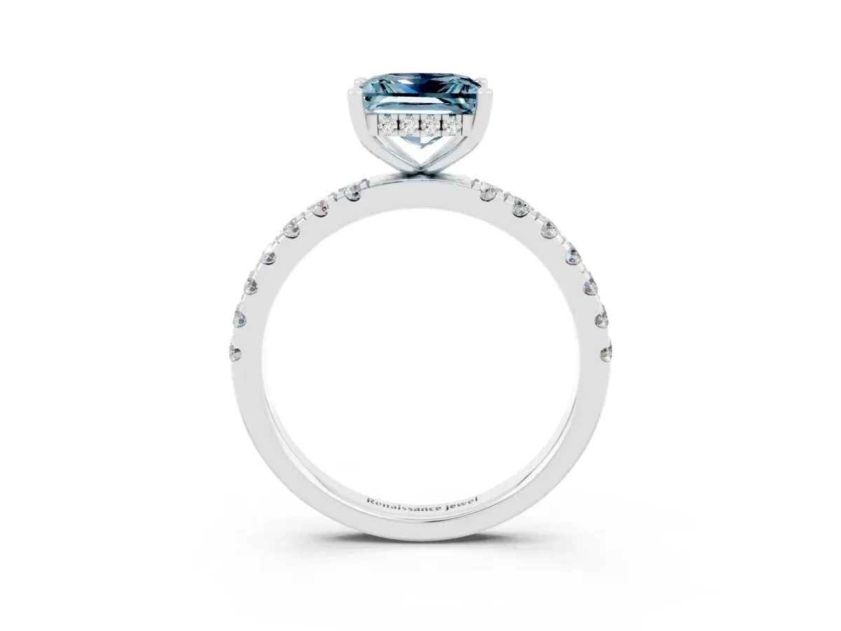 Princess Cut Aquamarine Pave Band Solitaire Ring with Round and Prong Setting Platinum