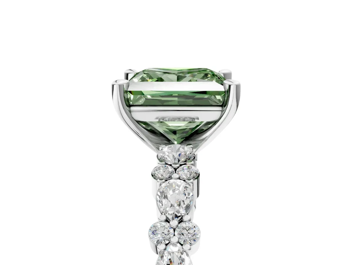 Fancy Green Princess Cut Diamond Side Stone Solitaire Ring with Round and Four-Prong Setting Platinum