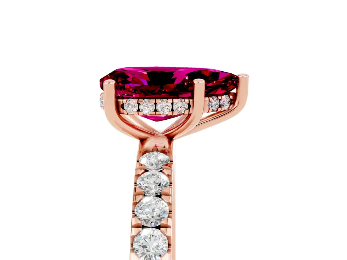 Pear Cut Garnet Pave Band Solitaire Ring with Round and Prong Setting Rose gold