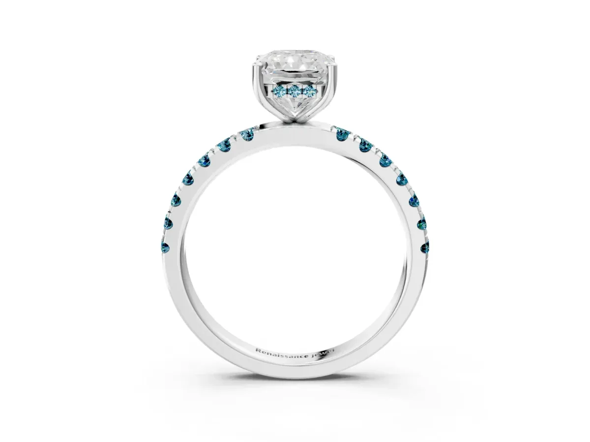 Radiant Cut Diamond Pave Band Solitaire Ring with Round Blue Topaz and Prong Setting Platinum