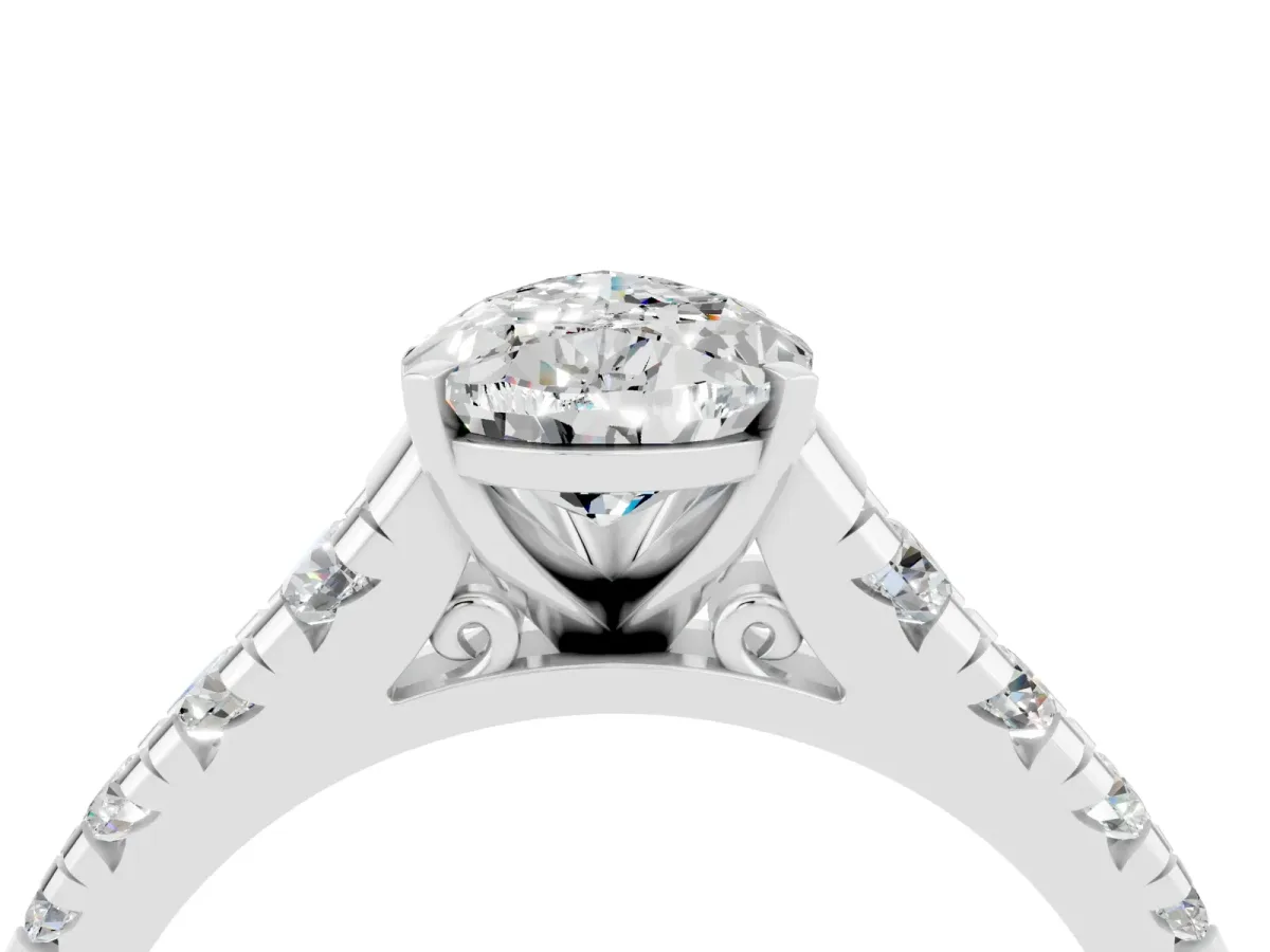 Pear Cut Moissanite Cathedral Solitaire Ring with Round Pavé Band Platinum