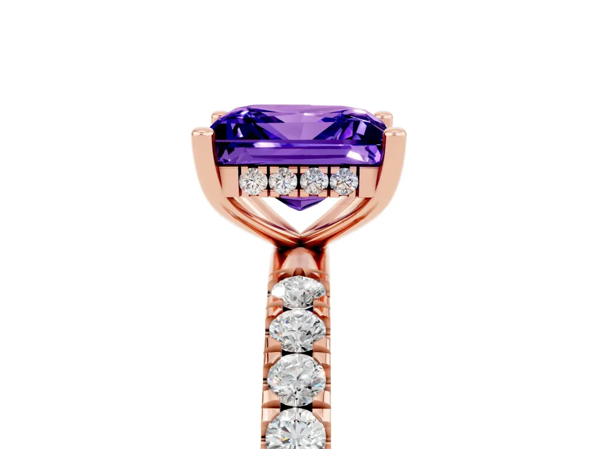 Princess Cut Tanzanite Pave Band Solitaire Ring with Round and Prong Setting Rose gold