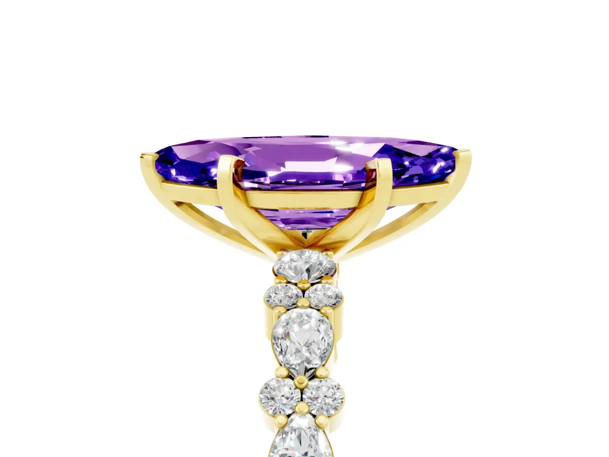 Marquise Cut Tanzanite Side Stone Solitaire Ring with Round and Four-Prong Setting Yellow gold