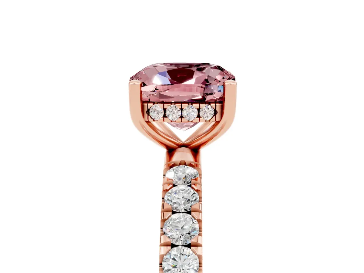 Cushion Cut Morganite Pave Band Solitaire Ring with Round and Prong Setting Rose gold