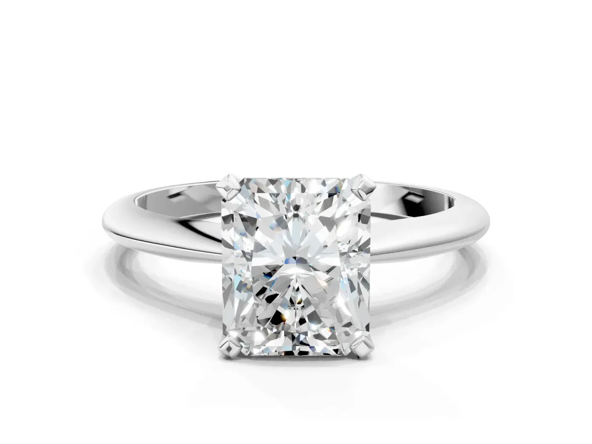 Radiant Cut Diamond Solitaire Engagement Ring with Classic Band and Four-Prong Setting Platinum