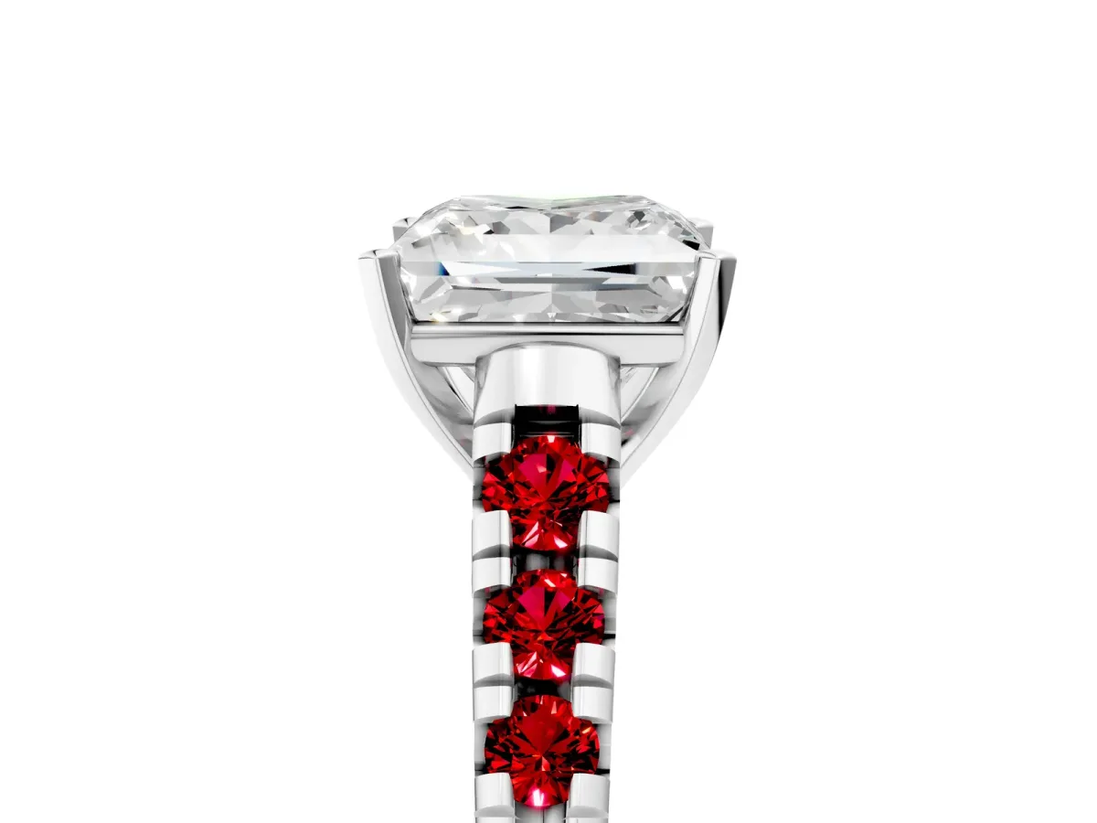 Princess Cut Diamond Cathedral Solitaire Ring with Round Ruby Pavé Band Platinum