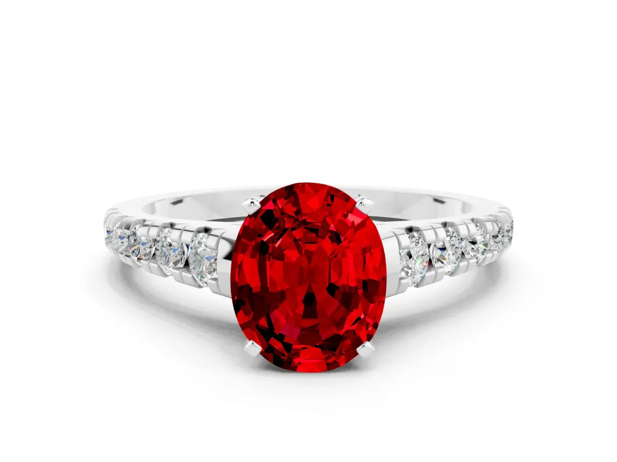 Oval Cut Ruby Cathedral Solitaire Ring with Round Pavé Band Platinum