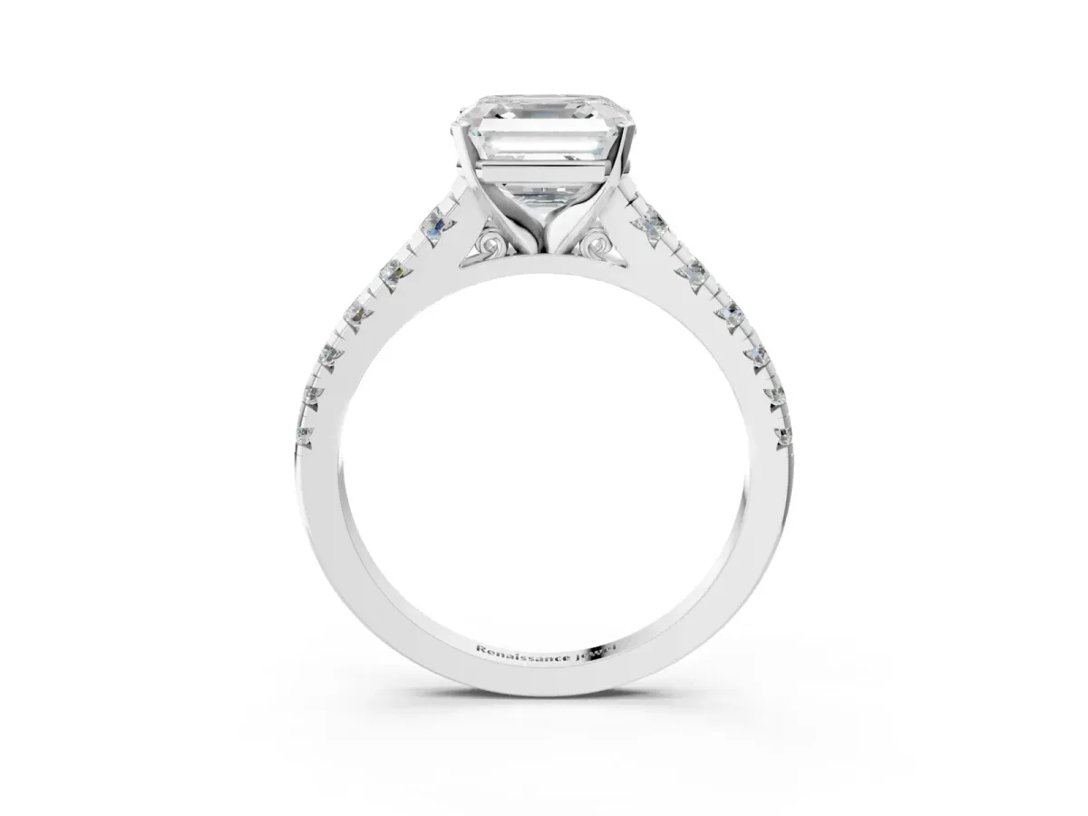 Asscher Cut Diamond Cathedral Solitaire Ring with Round Pavé Band Platinum