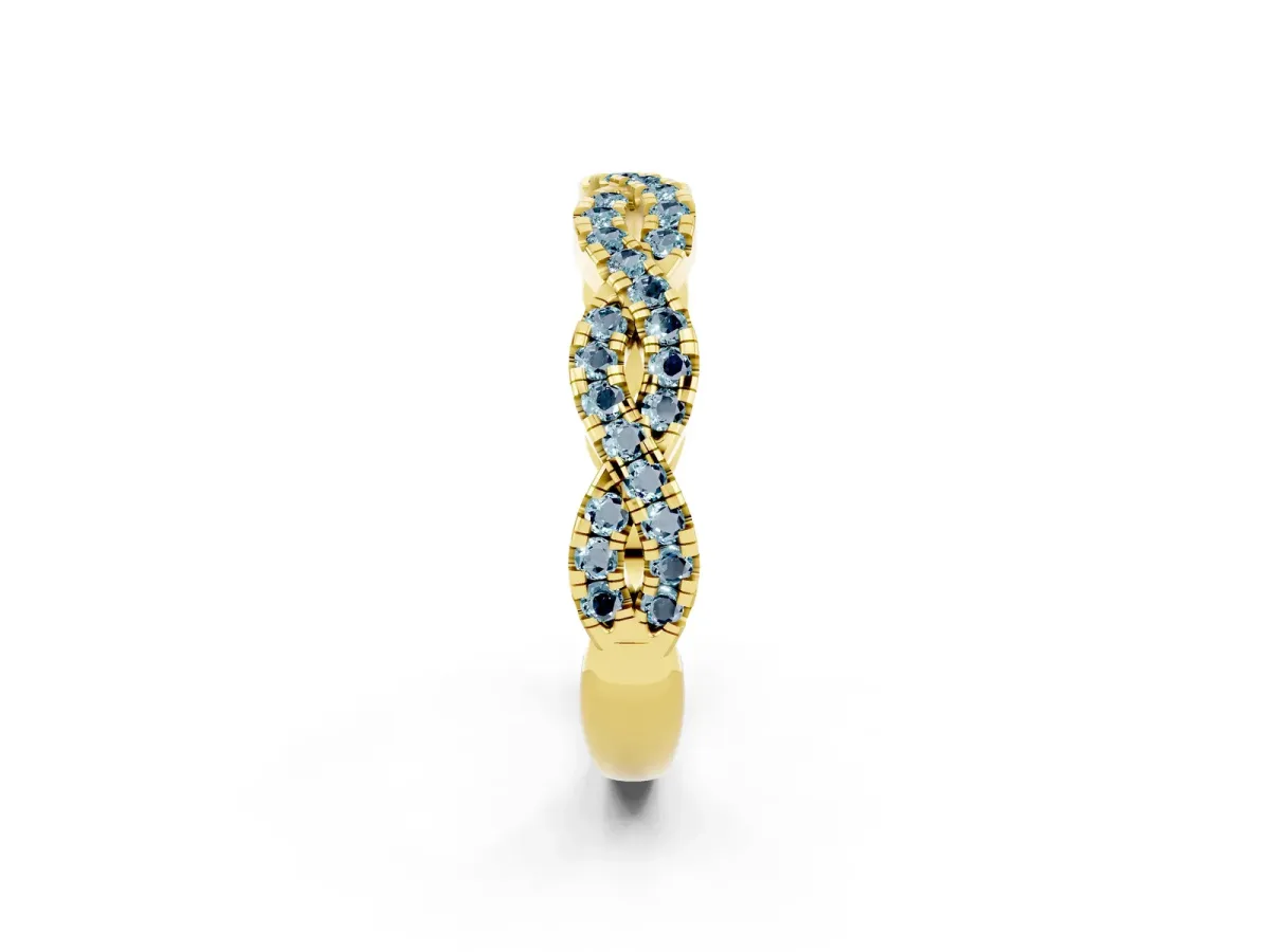 Round Aquamarine Twisted Eternity Band with Pavé and Shared Prong Setting Yellow gold