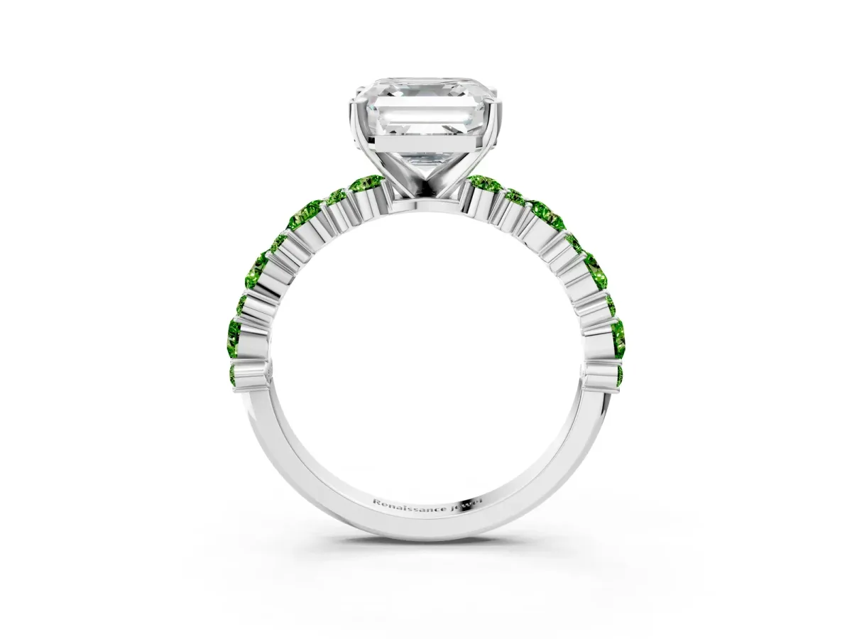 Asscher Cut Diamond Side Stone Solitaire Ring with Round Peridot and Four-Prong Setting Platinum