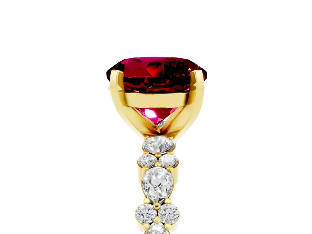 Round Cut Garnet Side Stone Solitaire Ring with Round and Four-Prong Setting Yellow gold