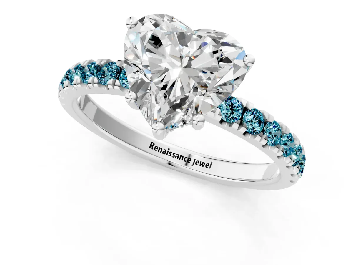 Heart Cut Diamond Pave Band Solitaire Ring with Round Blue Topaz and Prong Setting Silver